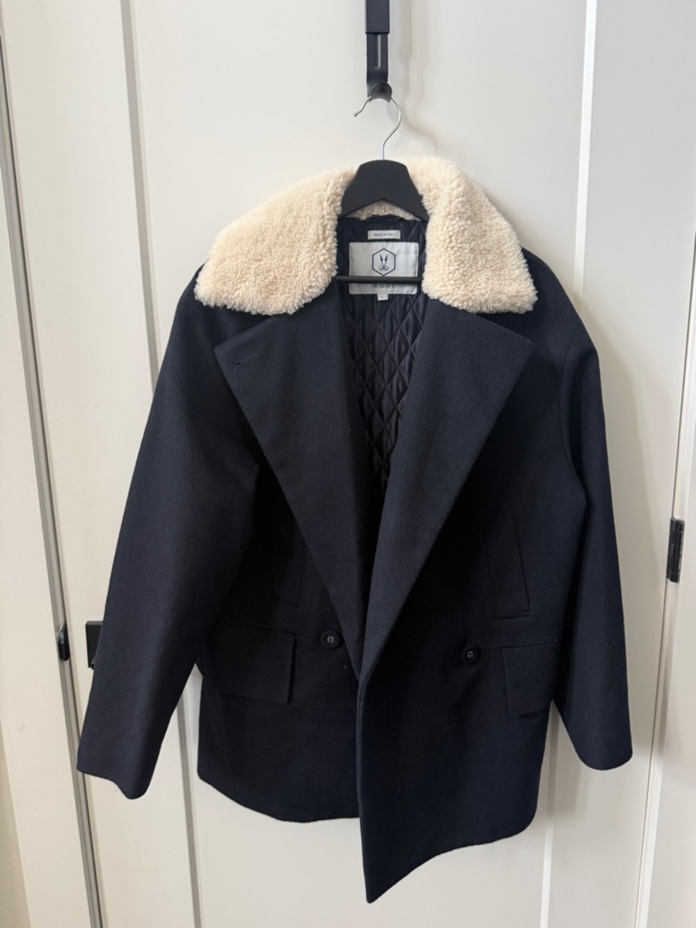 Norwegian Wool Navy Wool Coat with Cream Shearling Collar Large